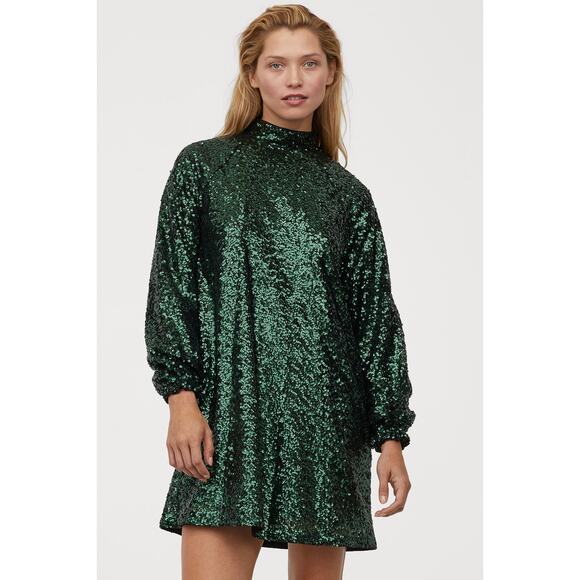 H&M Green Sequin Long Sleeve A-Line Mock Neck Mini Dress NWT - Picture 1 of 11